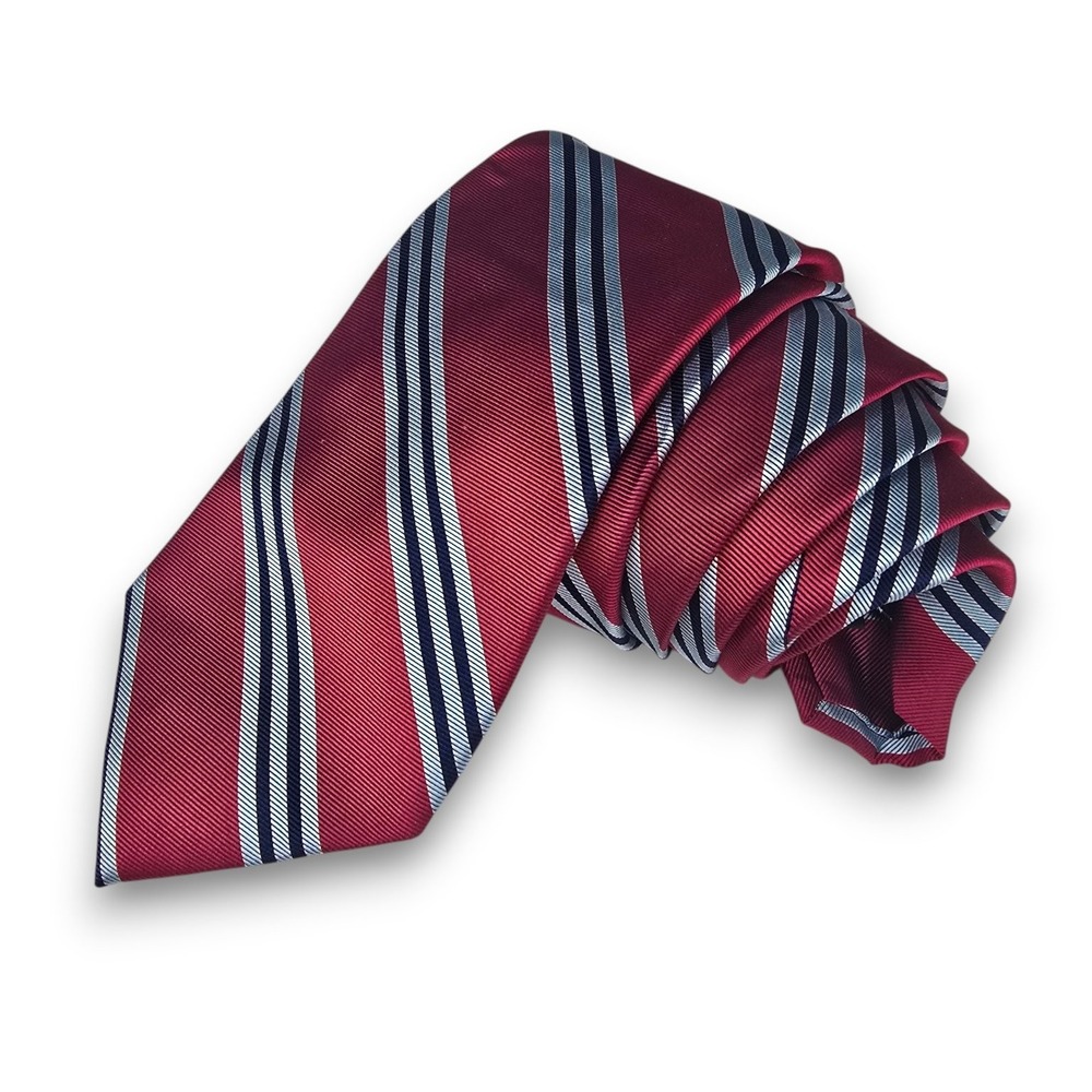 Bloomingdales The Mens Store Tie Silk Red Blue Silver Striped 59L 3.5W Necktie
